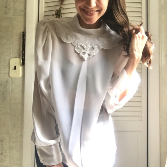 {Vintage} White Puff Sleeve High Neck Sheer Blouse - Picture 8 of 8